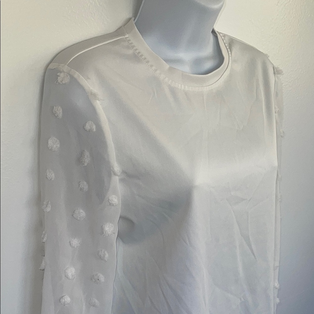 Womens white long sleeve top Blouse Sheer polka dot size small SEE FLAWS
